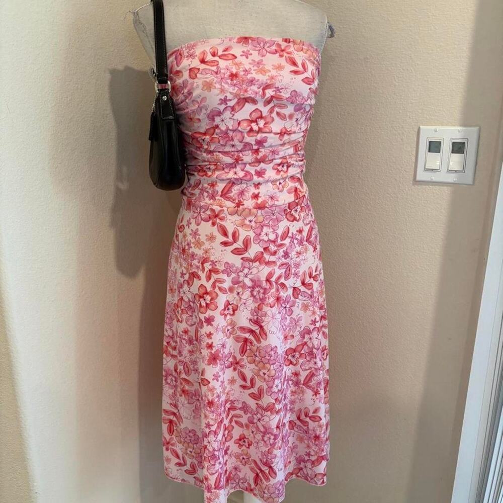 Peep Studio strapless Pink floral midi dress. Size medium